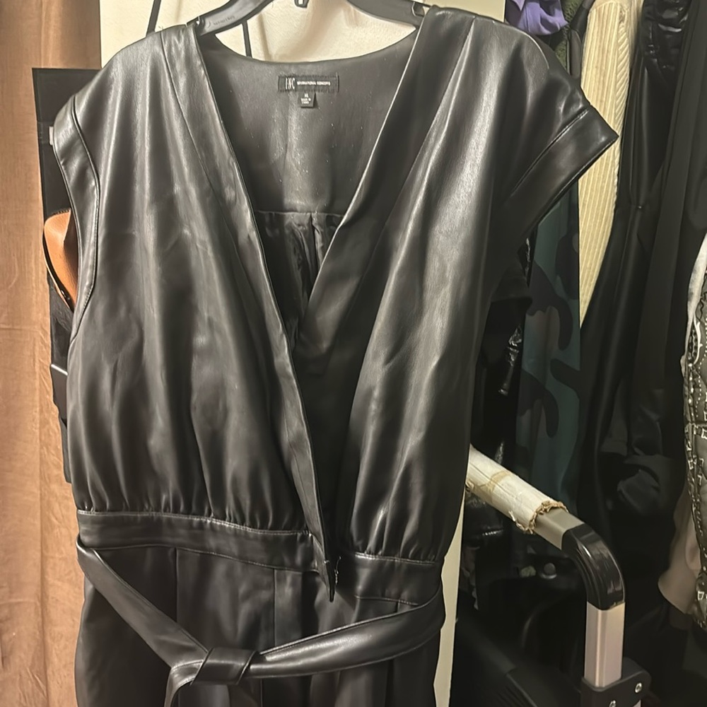 INC faux leather black jumpsuit.